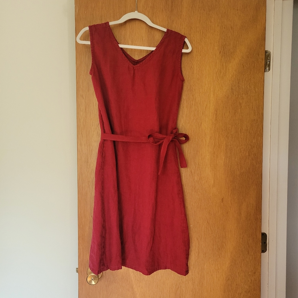 Rich Red Linen Sea Hand-sewn Linen Dress V Neck With Pockets Size Small